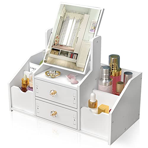 LEcylankEr Makeup Organizer med lådor, Vit Bordsskiva Badrums Organizer, Makeup Organizer Box med spegel, Makeup Organizer Box för sovrum/badrum (fyrkantig spegel)