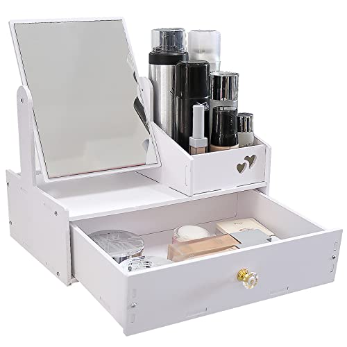 LEcylankEr Makeup Organizer, Vit Bordsskiva Badrum Organizer, Makeup Organizer Box med spegel, Makeup Organizer Box med lådor för sovrum/badrum (fyrkantig spegel)